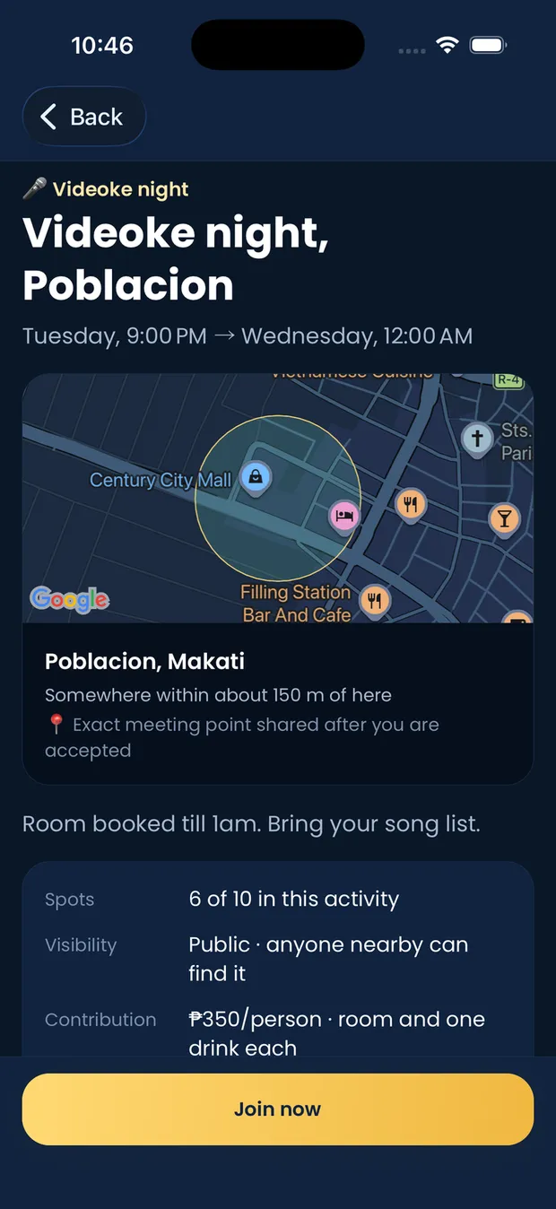 A GoWeya activity, showing an approximate location circle and the note that the exact meeting point is shared after you are accepted.
