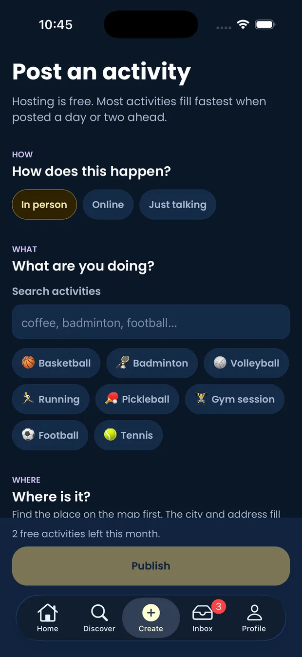 GoWeya's create flow, choosing whether an activity is in person, online or just talking.