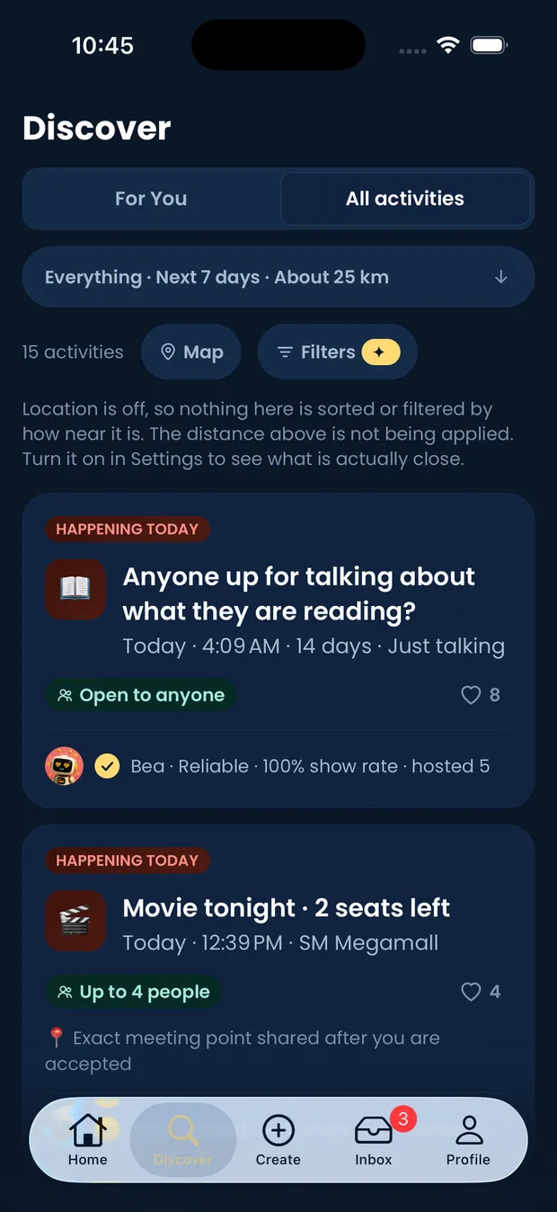 GoWeya's Discover tab, listing fifteen nearby activities.