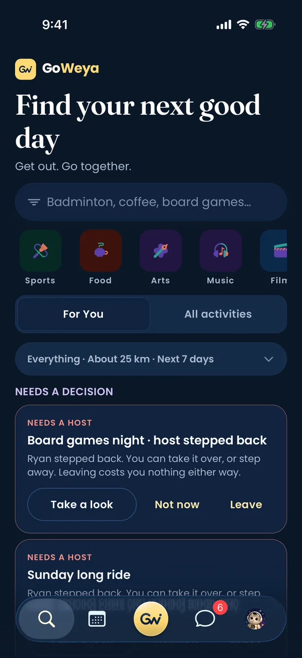 GoWeya's Explore tab, with the heading Find your next good day, a search for things to do and category tiles.