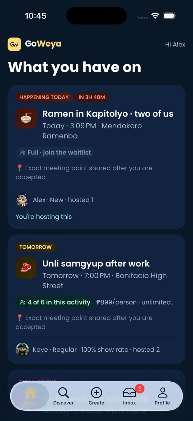 GoWeya's home screen, listing the activities you have coming up.