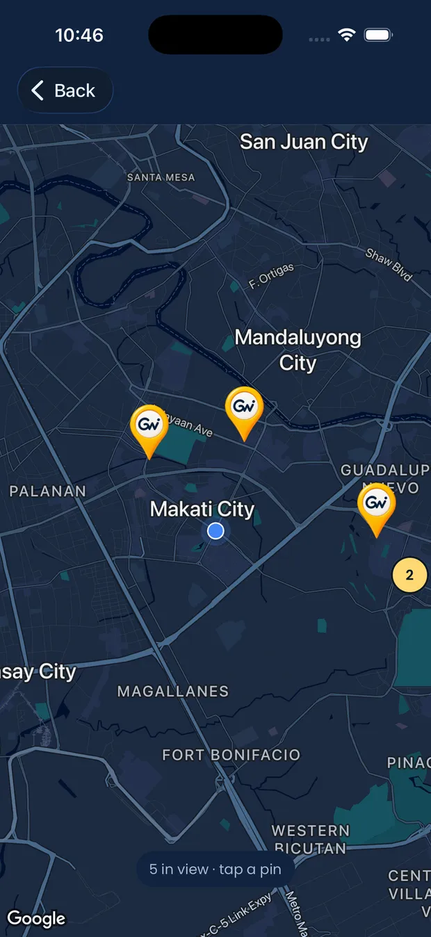 GoWeya's map view, showing activity pins across Metro Manila.