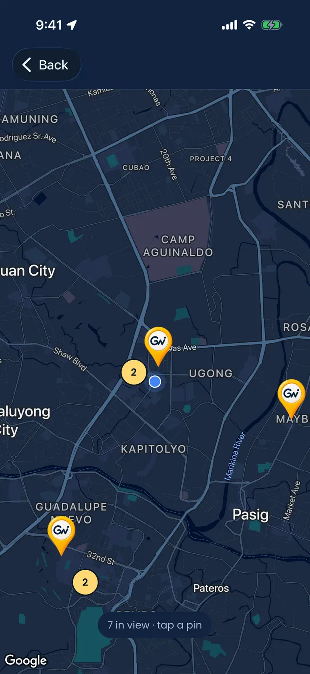 GoWeya's map view, showing activity pins and clusters around Ortigas, Mandaluyong and Pasig.